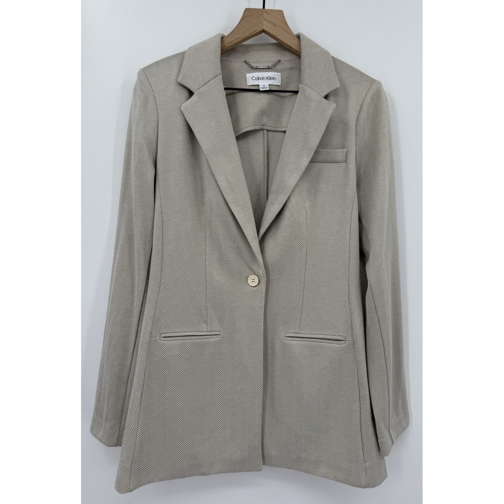 Calvin Klein Blazer Womens Medium Beige Herringbone‎ Unstructured Stretch NEW